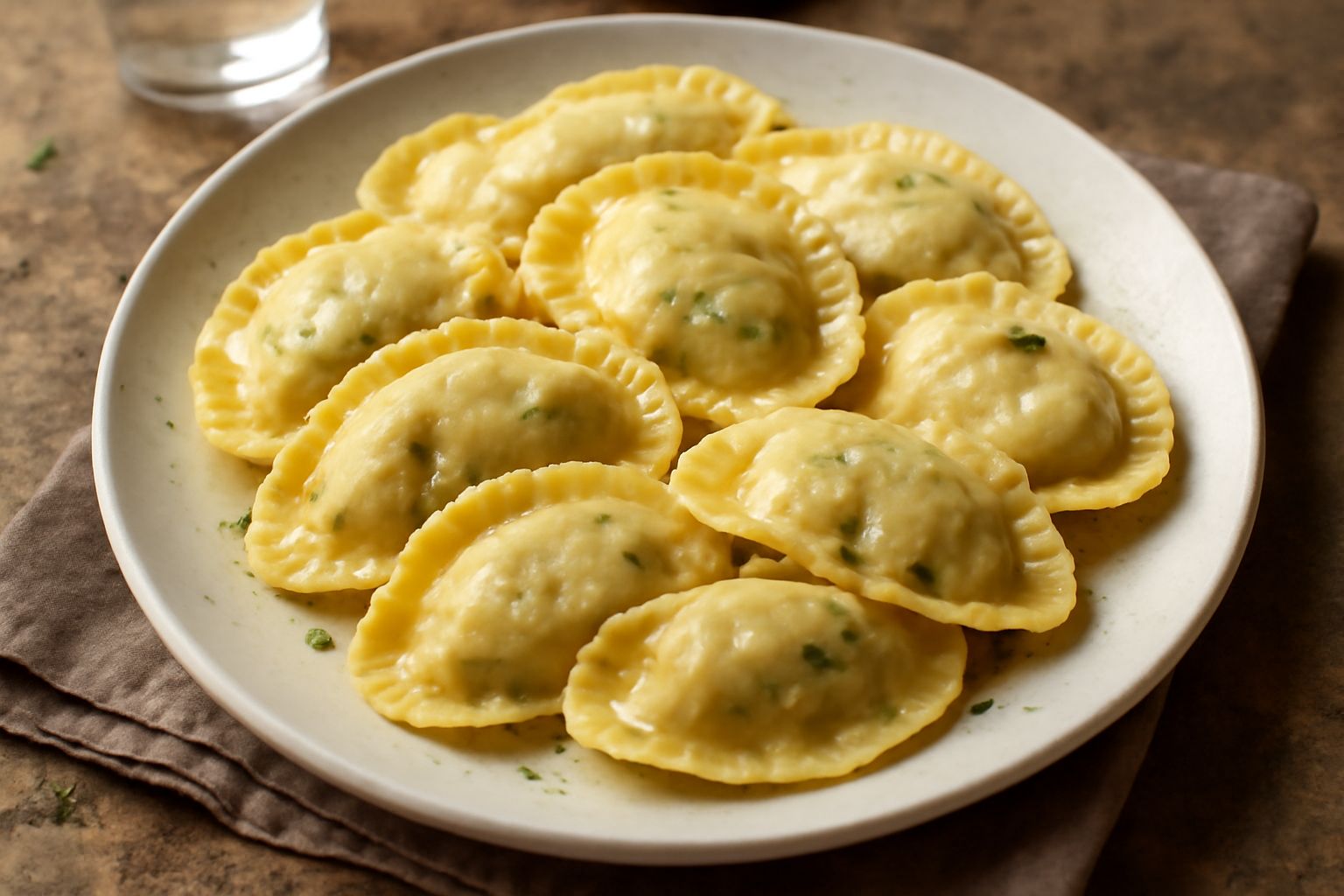 Cinque casonsèi cuneesi appena cotti su un piatto bianco, con salsa di pomodoro leggera, formaggio grattugiato e foglia di basilico fresco al centro. La pasta è gialla dorata, il ripieno verde rossicc