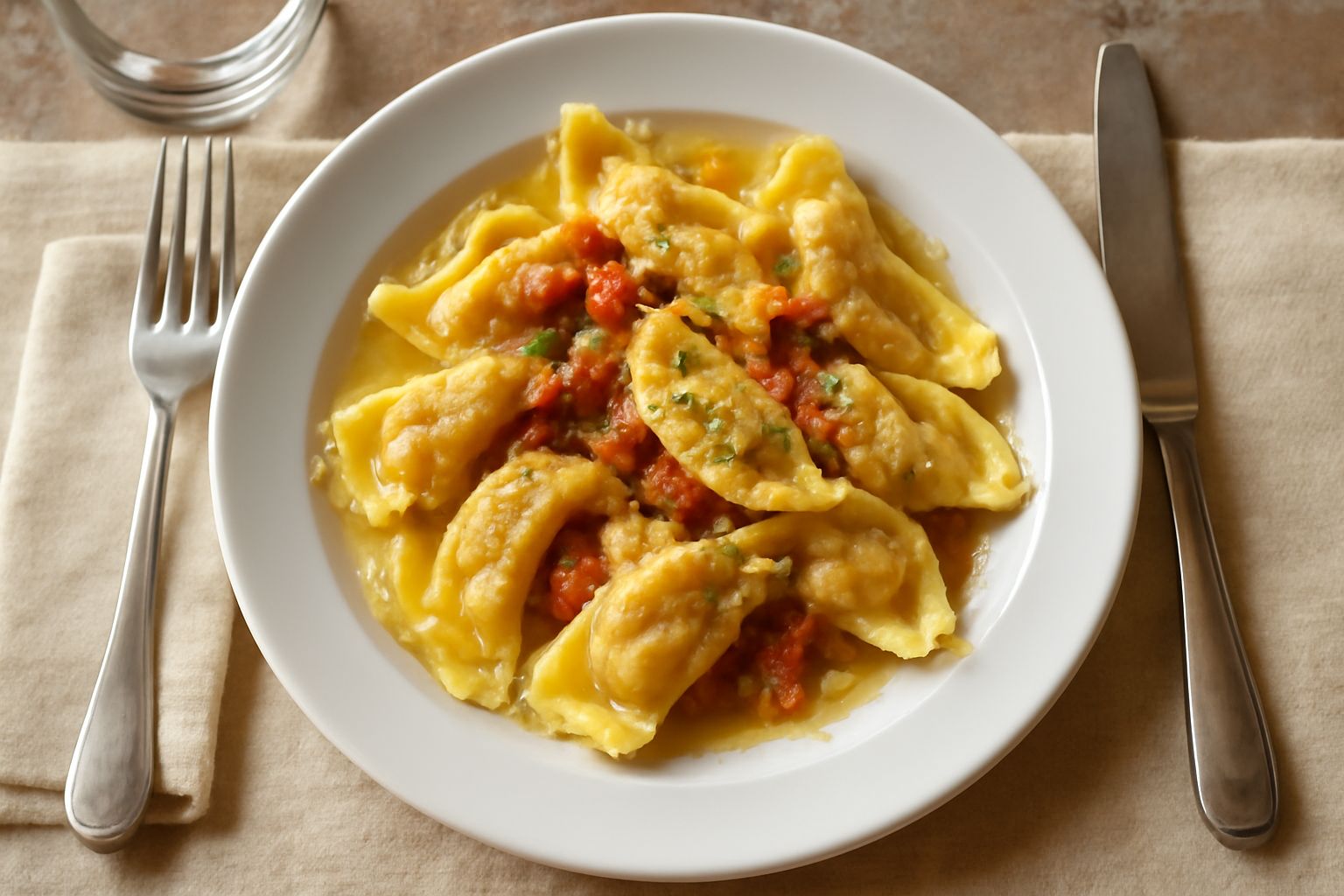 Quattro casònsei quadrati, ripieni di carne e formaggio, appena bolliti, serviti in un piatto bianco con burro fuso e salvia fresca, superficie leggermente lucida e bordi ben chiusi