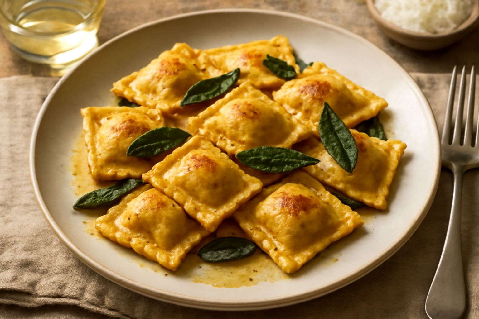 Casonselli quadrati di pasta croccante conditi con burro fuso e foglie verdi di salvia, su piatto bianco, con formaggio grattugiato leggero sulla superficie