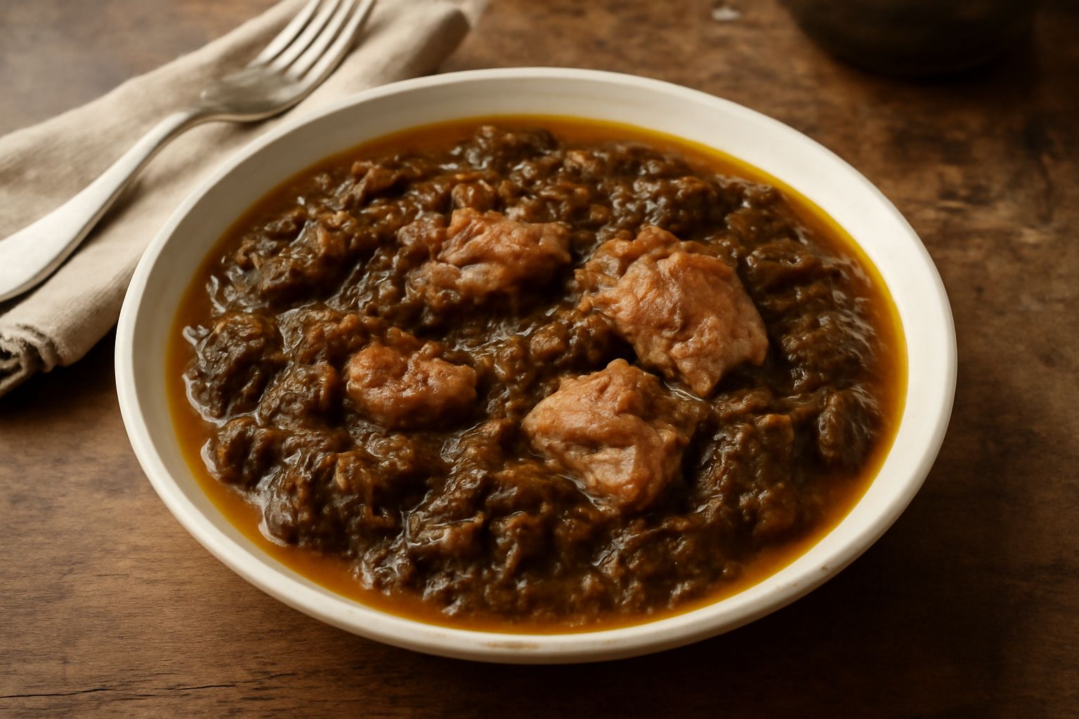 Una ciotola di casöula milanese con cavolo verza soffritto di colore verde scuro, pezzi di carne di maiale visibili, brodo ricco e fumante, con un cucchiaio di legno appoggiato al bordo, servito in un