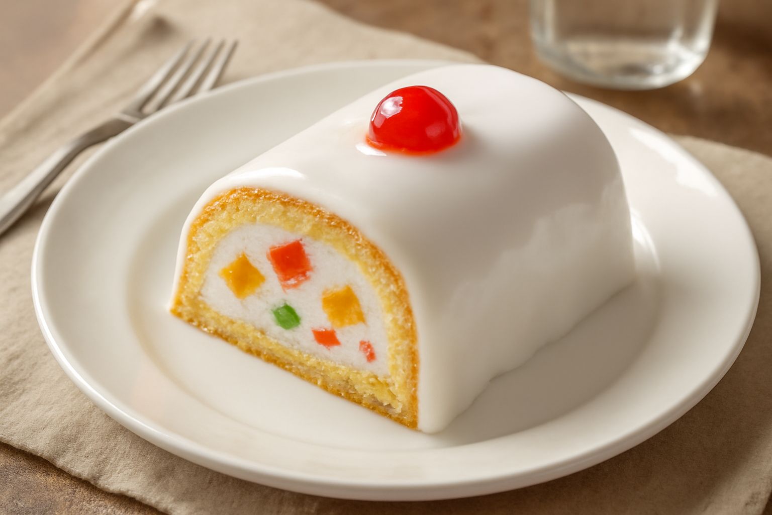 Cassata siciliana intera rivestita di glassa bianca liscia, decorata con frutta candita colorata e canditi verdi sul vertice, affettata per mostrare gli strati di pan di Spagna giallo, ricotta bianca 