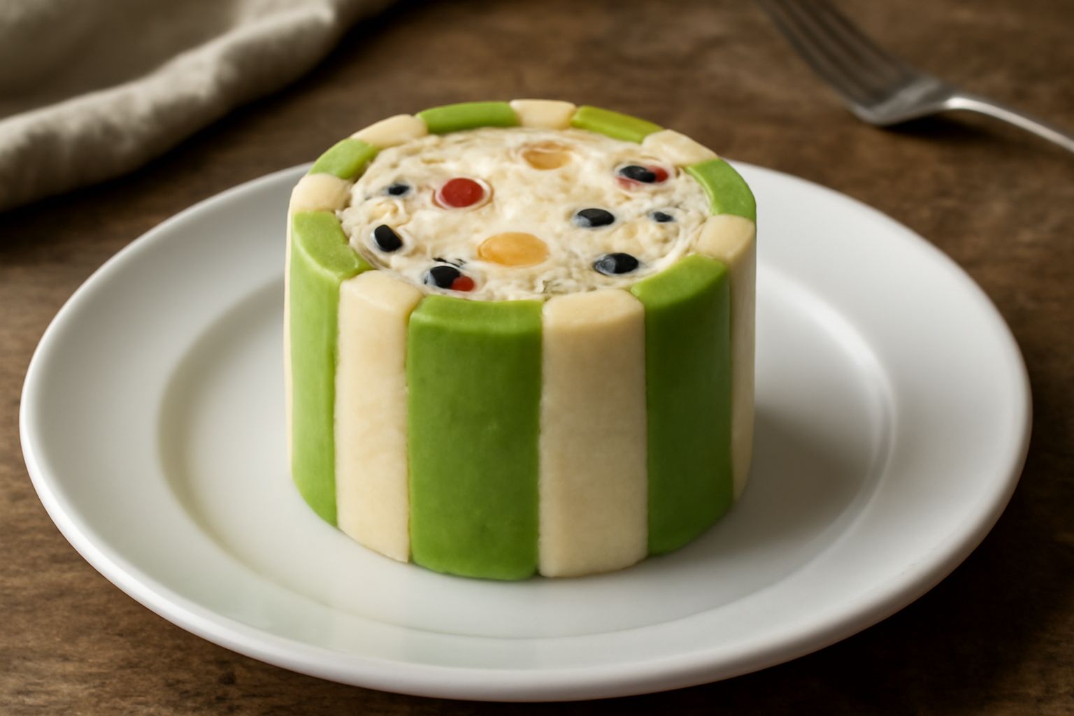 Una cassata ascolana intera tagliata a fette, ricoperta di marzapane verde e bianco, che mostra all'interno la ricotta cremosa bianca con frammenti di cioccolato scuro e canditi rossi e gialli