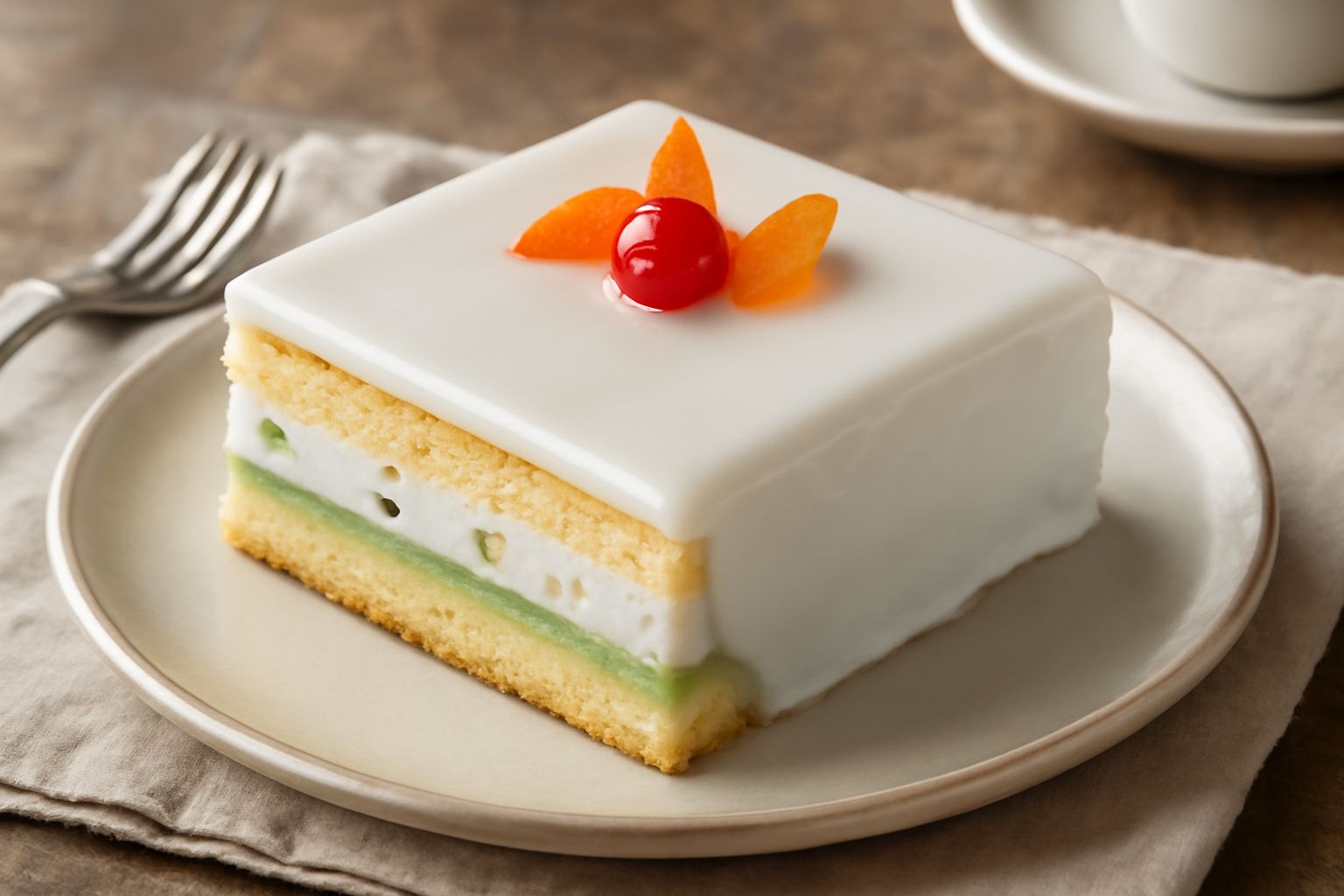 Cassata calabrese affettata su piatto bianco, con glassa bianca lucida sulla superficie, interno visibile con strati di pan di spagna giallo, ricotta cremosa e marzapane verde, guarnita con canditi ve