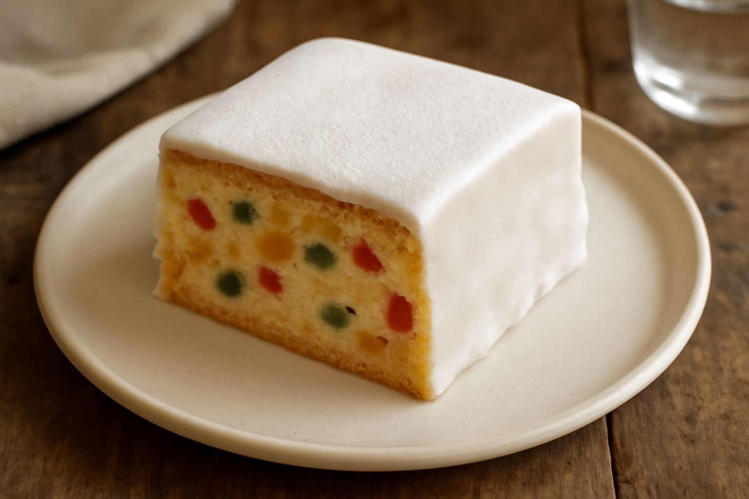 Cassata emiliana tagliata a fette su un piatto bianco, visibile lo strato di pan di Spagna giallo, crema pasticcera bianca e ricopertura di zucchero glassato lucido, decorata con ciliegia candita ross