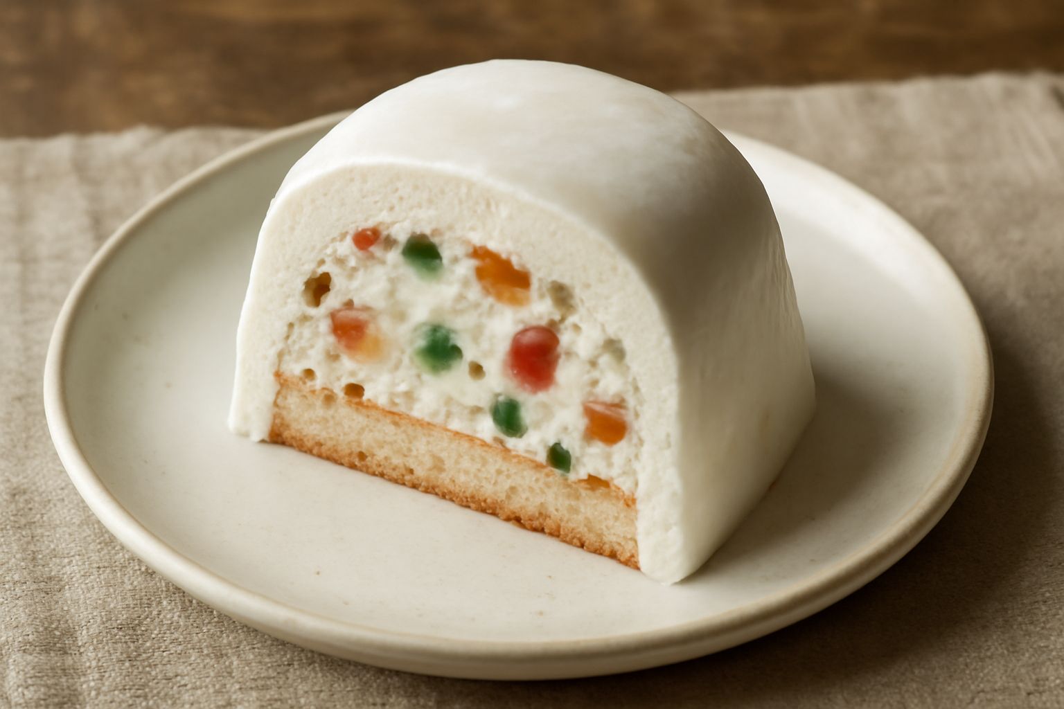Cassata gelata a fette su piatto bianco, con strati visibili di pan di spagna bianco, ricotta gelato color crema e frutta candita colorata sulla superficie, decorata con pistacchio tritato