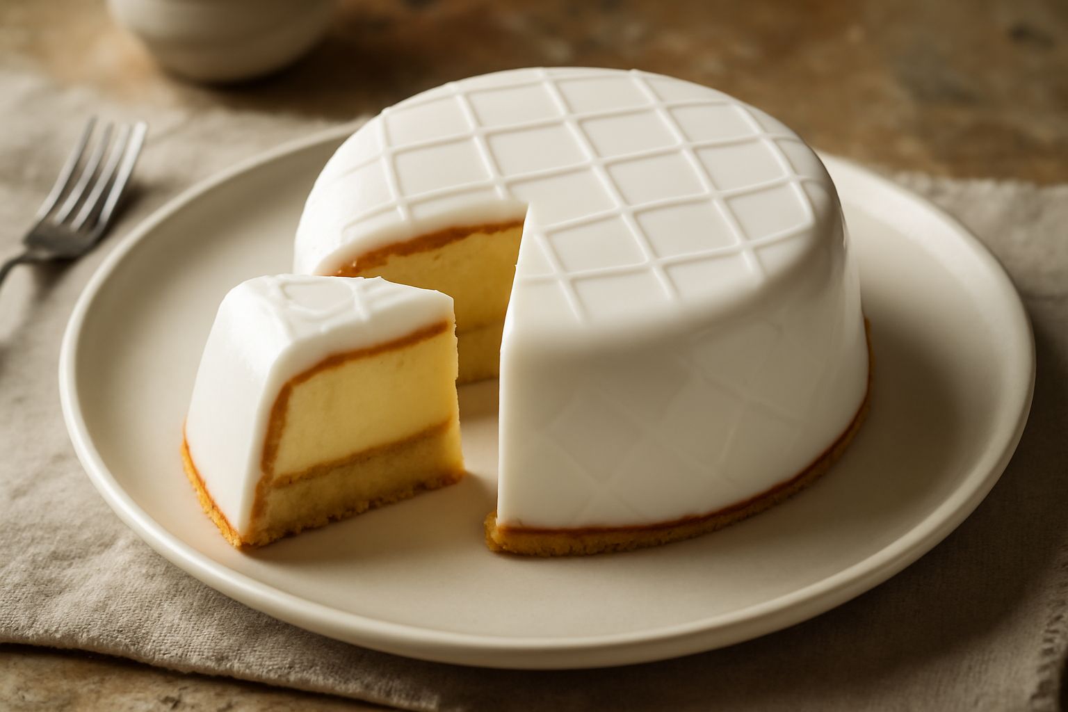 Cassata leccese intera glassata di bianco con decoro a losanga, tagliata a spicchi che mostrano il ripieno cremoso di mandorla e crema gialla all'interno