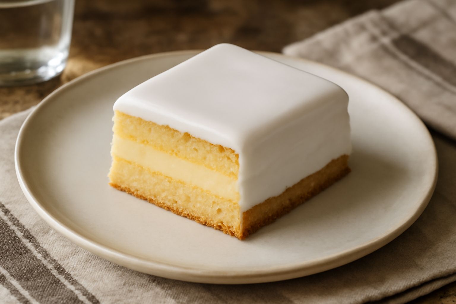 Cassata marchigiana intera su piatto bianco, glassa reale bianca liscia e lucida, decorata con zucchero a perle, taglio che mostra strati di pasta dorata e crema gialla, sfondo neutro