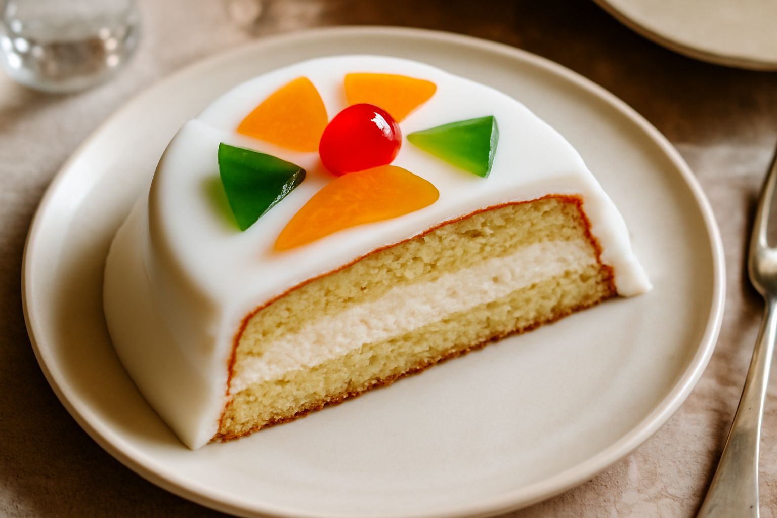Cassata napoletana tagliata a spicchio, che mostra gli strati: pan di Spagna biondo al centro, crema di ricotta verde-bianca ai lati, glassa reale lucida e bianca in superficie, con quadretti di frutt