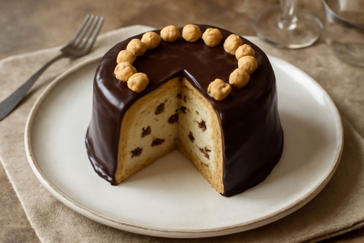Cassata piemontese tagliata a fette su un piatto bianco, con glassa al cioccolato lucida e scura, interno a strati di pasta di mandorle beige e cioccolato marrone, guarnizione di nocciole tostate inte
