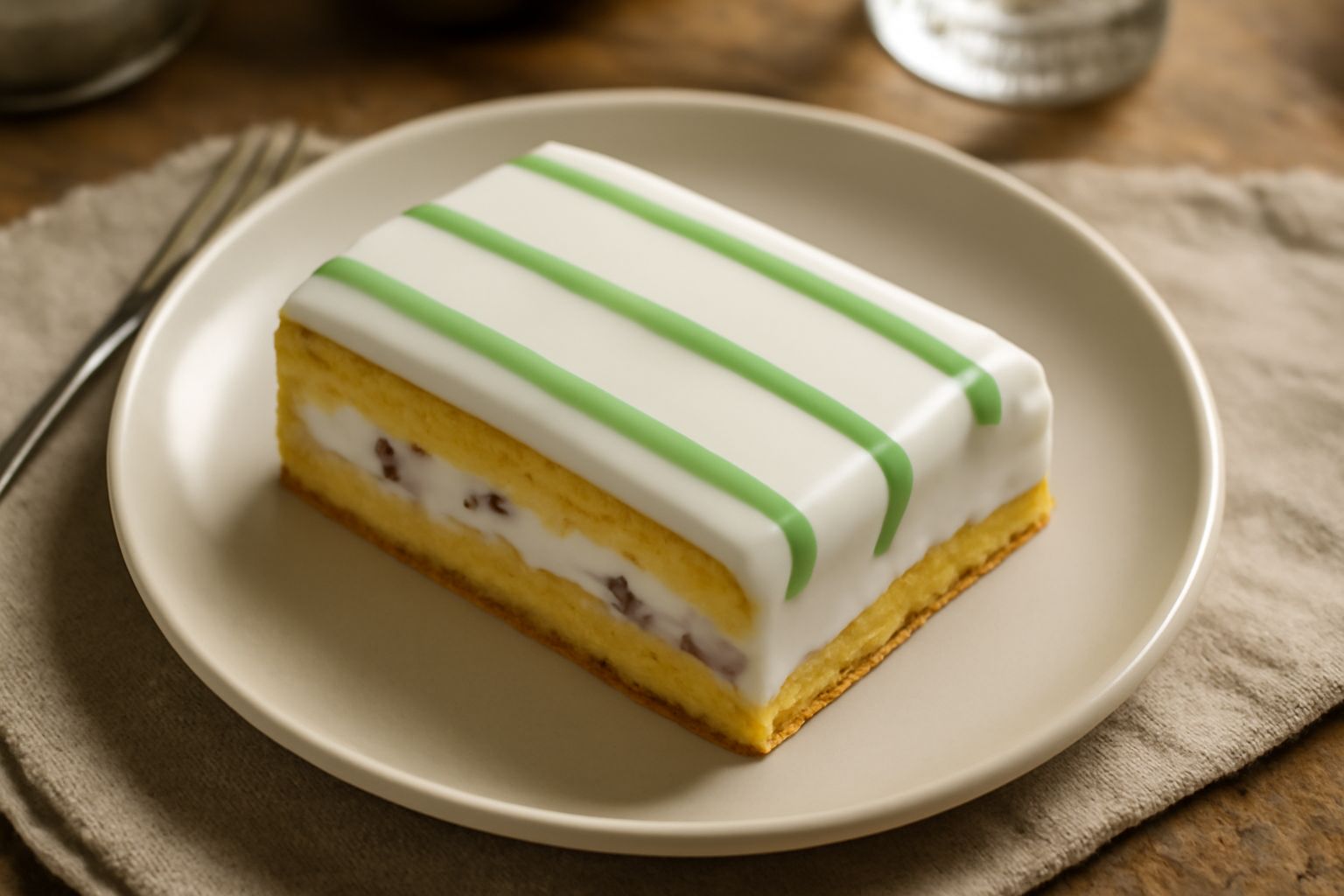 Una cassata siciliana intera con glassa reale bianca e lucida, affettata per mostrare i strati di pan di spagna giallo, crema di ricotta bianca con pezzetti di frutta candita colorata, posata su un pi