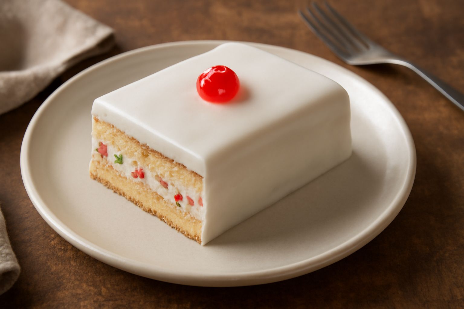Cassata trapanese intera con glassa bianca liscia, porzione tagliata che mostra gli strati di pan di spagna giallo, ricotta bianca e frutta candita multicolore, guarnita con frutta candita in cima