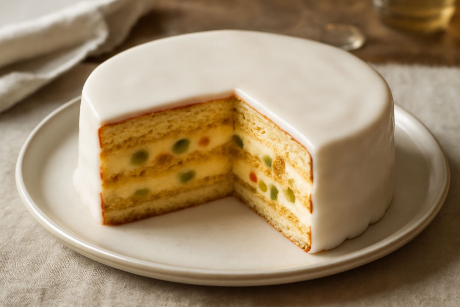 Cassata veneta affettata, che mostra strati di pan di Spagna dorato, crema zabaglione gialla, frutta candita colorata e glassa bianca opaca sulla superficie