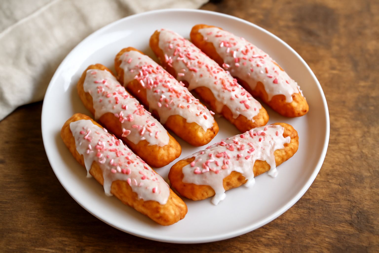 Cassatelle di ricotta disposte su un piatto bianco, dorate e lucide di glassa trasparente, decorate con granella di zucchero colorata rosa e bianca, con ricotta visibile dal taglio