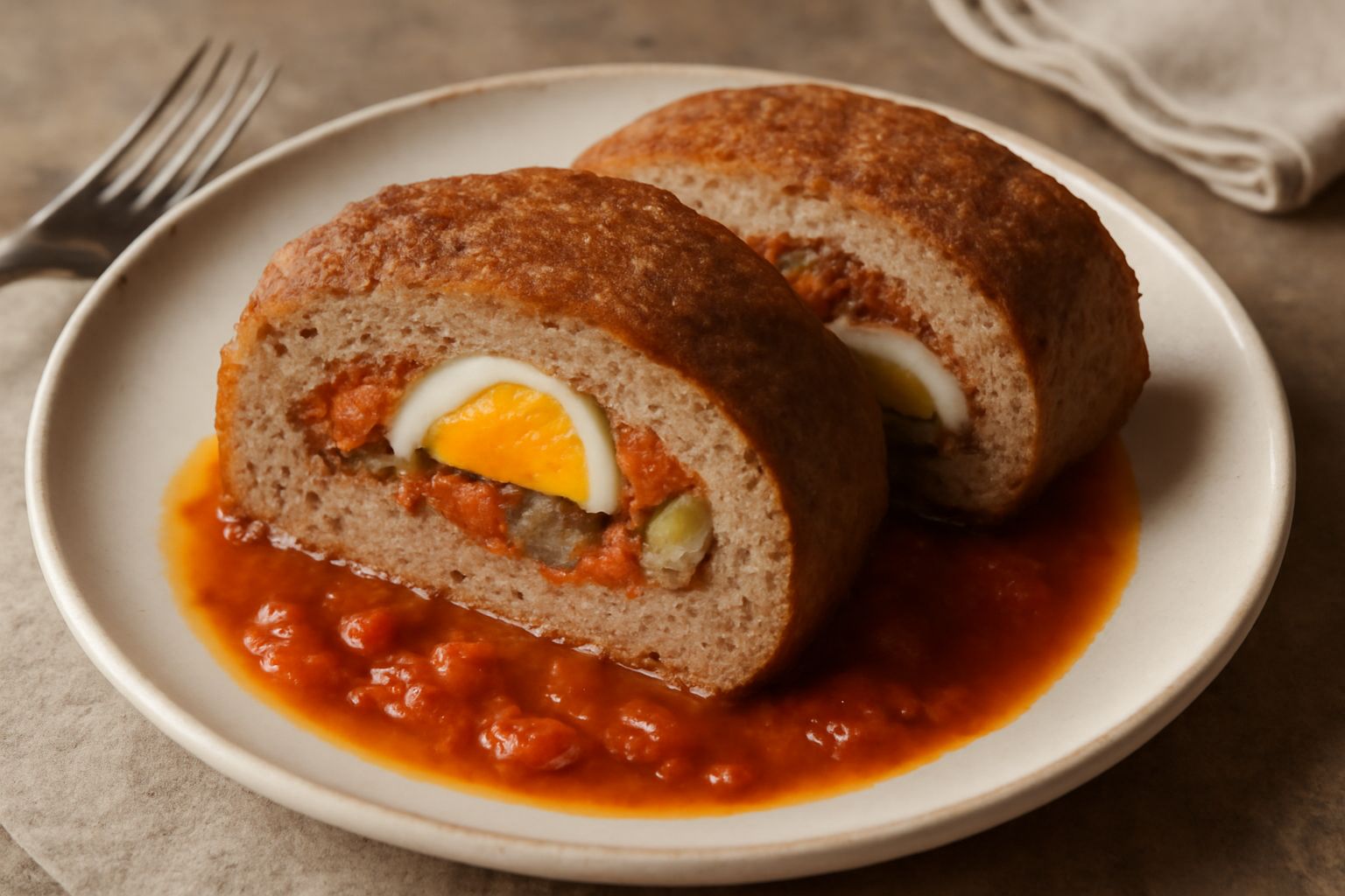 Cassatina di carne affettata su un piatto bianco, che mostra il ripieno di ragù rosso, uova sode e formaggio filante, con contorno di verdure grigliate