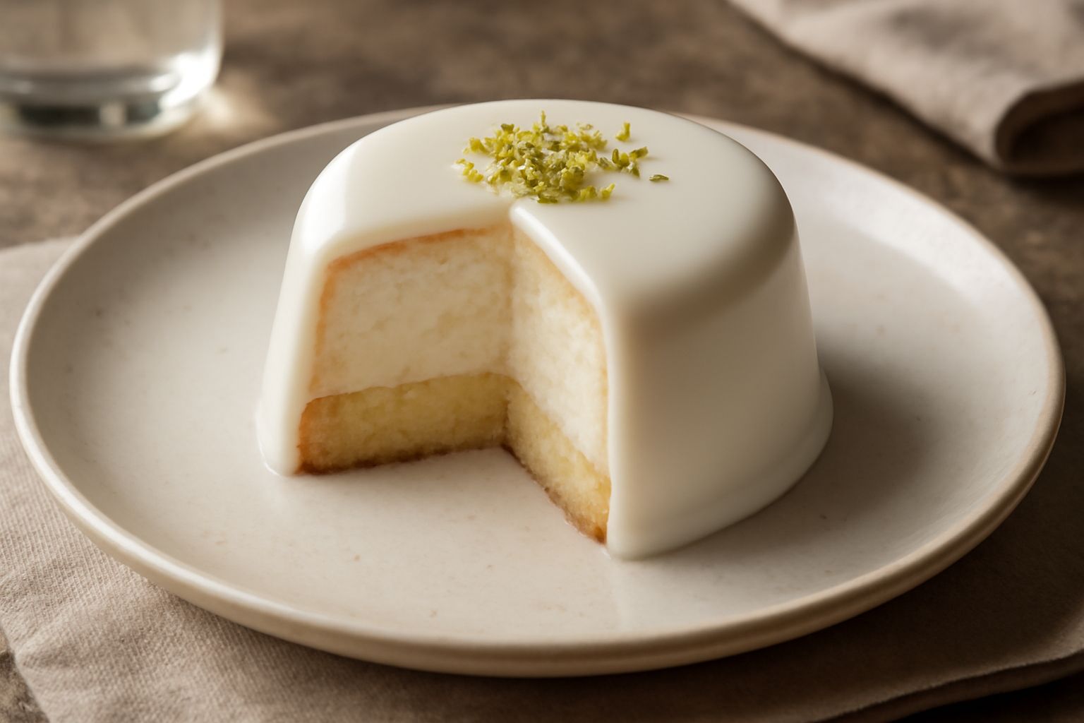 Cassatina di ricotta su piatto bianco, mostra il rivestimento di glassa reale liscia e lucida bianca, strato di ricotta cremosa giallo chiaro, granella di pistacchio verde sulla cima, tagliata in sezi