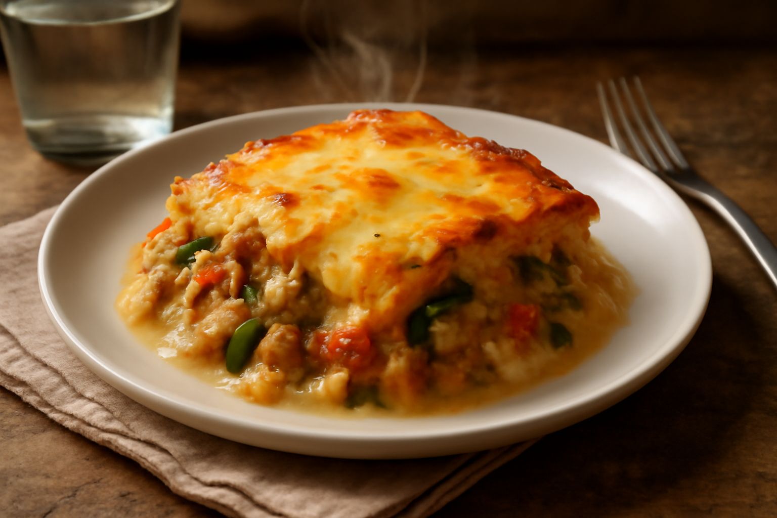 Casserole fumante appena uscita dal forno, con superficie dorata e leggermente gratinata, visibile la stratificazione di verdure e salsa cremosa all'interno, servita in pirofila di ceramica bianca