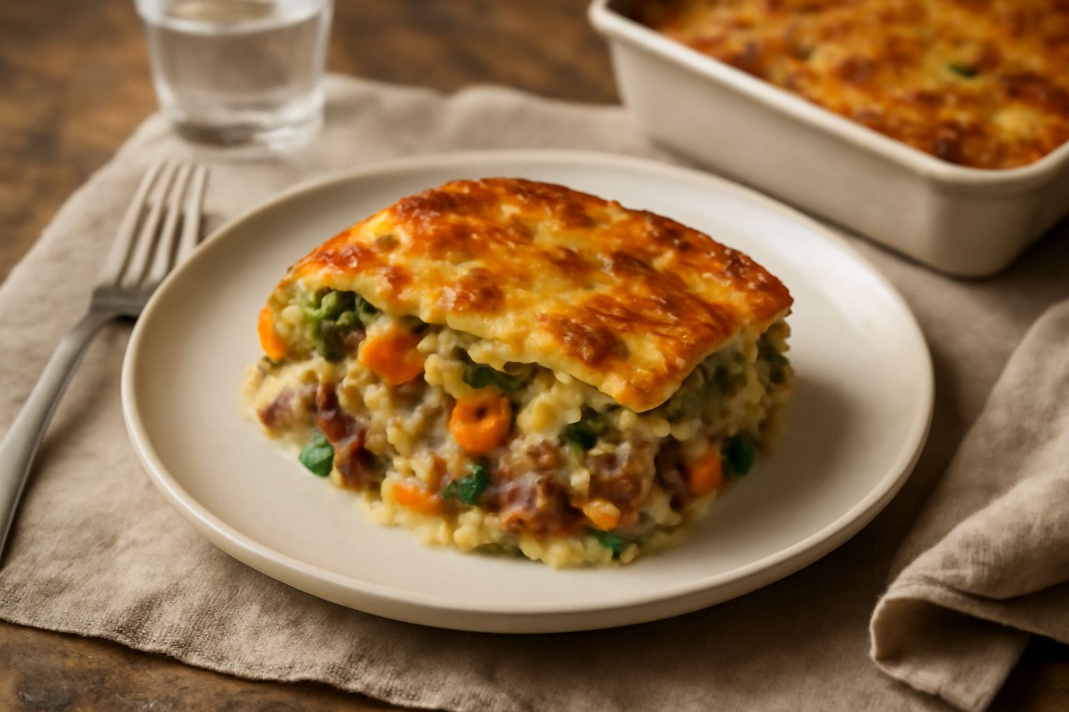Casseruola di ceramica con avanzi di verdure e proteine dorati in superficie, servita in piatto bianco con forchetta accanto e piatti impilati sfocati sullo sfondo