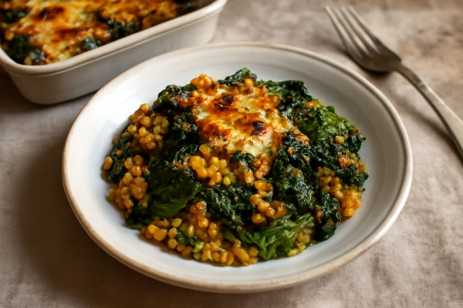 Casseruola fumante in pirofila di ceramica con farro dorato, cavolo verde e croccante formaggio gratinato, servita su tavolo di legno con tovaglia a quadri