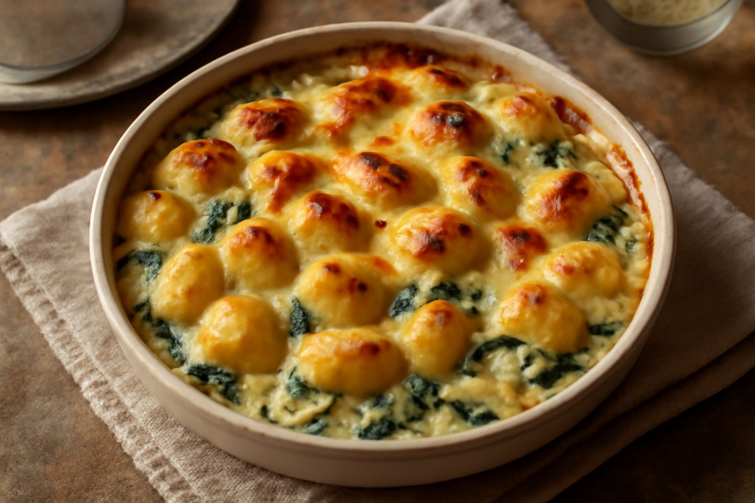 Casseruola di gnocchi dorati in superficie, emananti vapore, con formaggio grattugiato sciolto visibile, bordo della teglia in ceramica, gnocchi morbidi e una spruzzata di prezzemolo verde fresco sull
