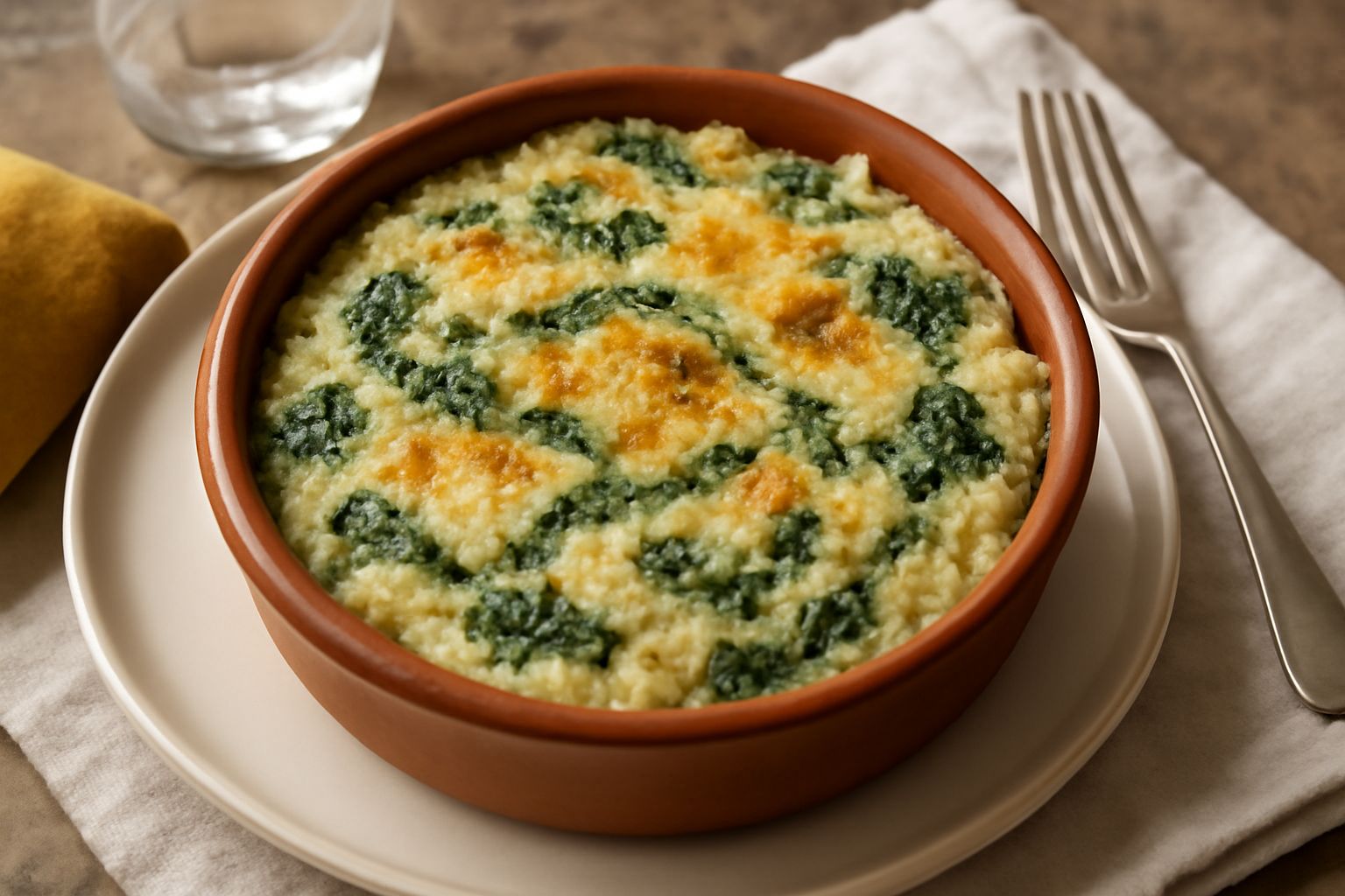Casseruola in pirofila di vetro con miglio cremoso di colore bianco avorio, spinaci verdi che spuntano dalla superficie, crosticina di formaggio parmigiano grattugiato dorato, servita con cucchiaio di
