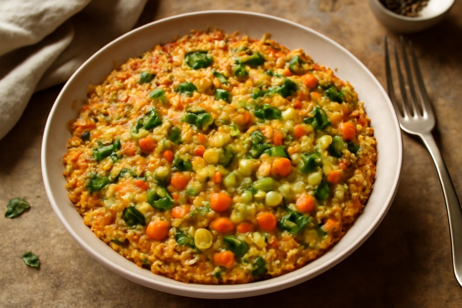 Casseruola di terracotta riempita di miglio giallo dorato con verdure colorate (zucchine verdi, carote arancioni, pomodori rossi) in salsa beige, guarnita con prezzemolo verde fresco
