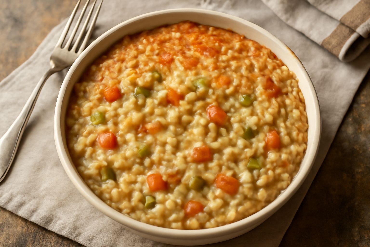 Casseruola di orzo perlato in coccio, con chicchi dorati e cremosi mescolati a verdure soffritte e brodo, contornata da cucchiaio e tovaglia in lino naturale