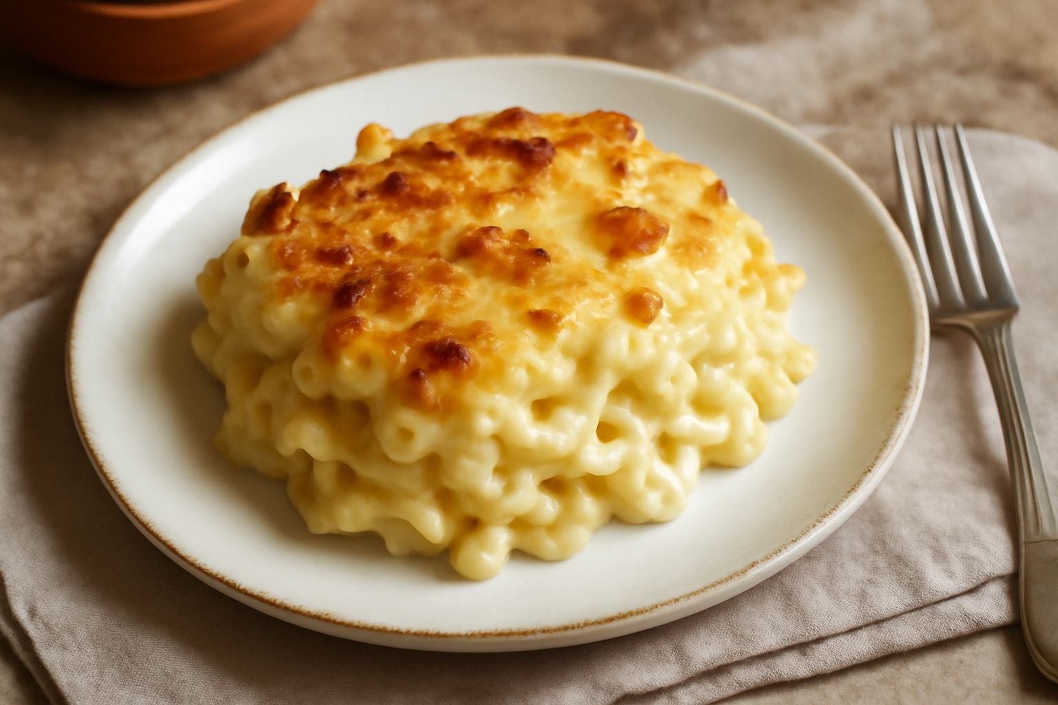 Casseruola di pasta e formaggio appena sfornata, con superficie dorata e croccante, pasta cremosa visibile dal lato, guarnita con prezzemolo fresco in una pirofila di ceramica bianca