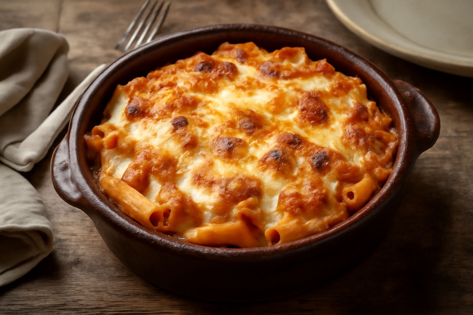 Casseruola di pasta fresca dorata in superficie, servita in una pirofila di ceramica bianca, con sfumature di formaggio grattugiato fuso e pasta ancora visibile sotto la crosta, contorno di vapore cal