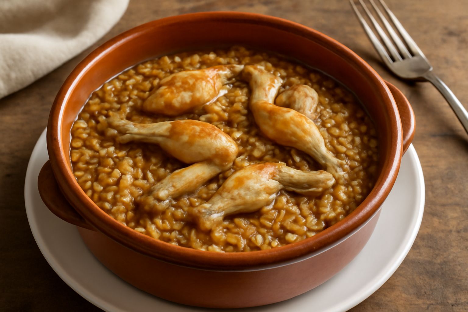 Casseruola di terracotta con riso dorato e pezzetti di carne bianca, brodo trasparente, garnita con prezzemolo fresco e pepe nero, servita in piatto bianco fondo.