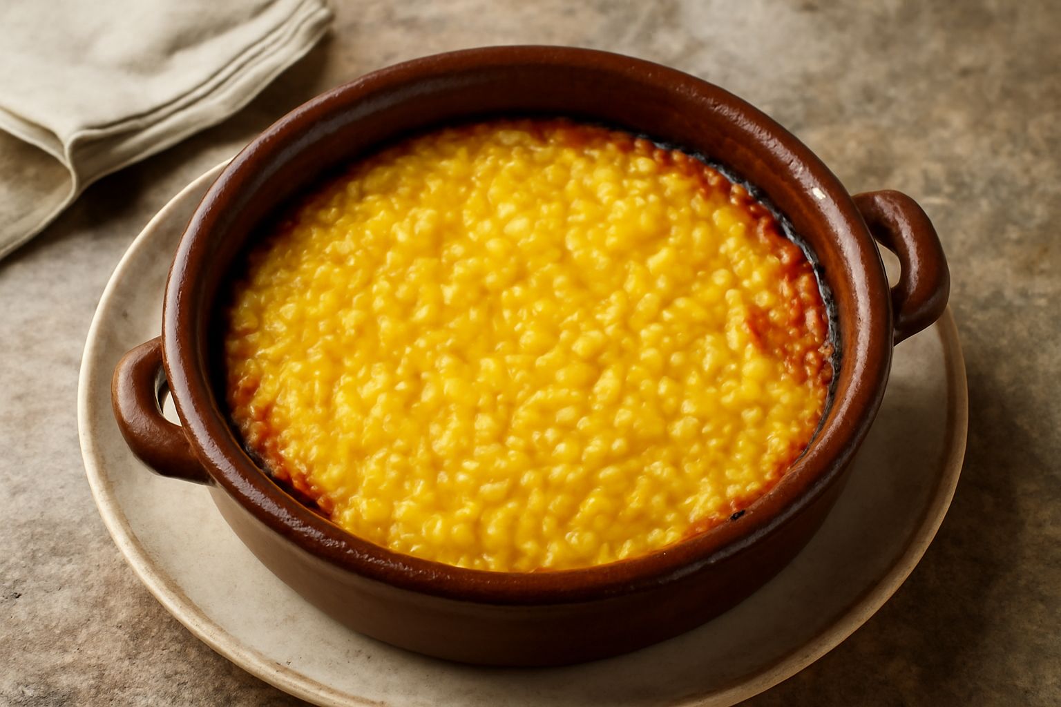 Casseruola di terracotta marrone con riso cremoso giallo oro, superficie lievemente dorata, con burro fuso visibile in superficie, torino di legno appoggiato al bordo
