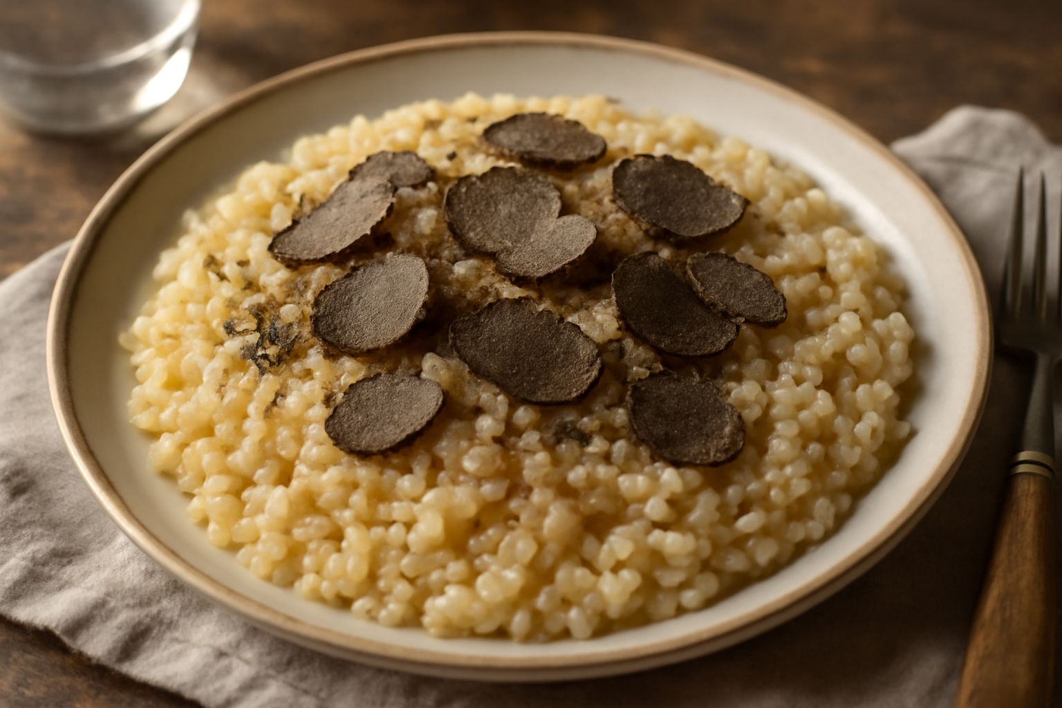 Casseruola di risotto al tartufo color avorio cremoso, con lamelle di tartufo nero sparse in superficie, guarnito con parmigiano grattugiato e prezzemolo fresco, servito in una casseruola di ceramica 