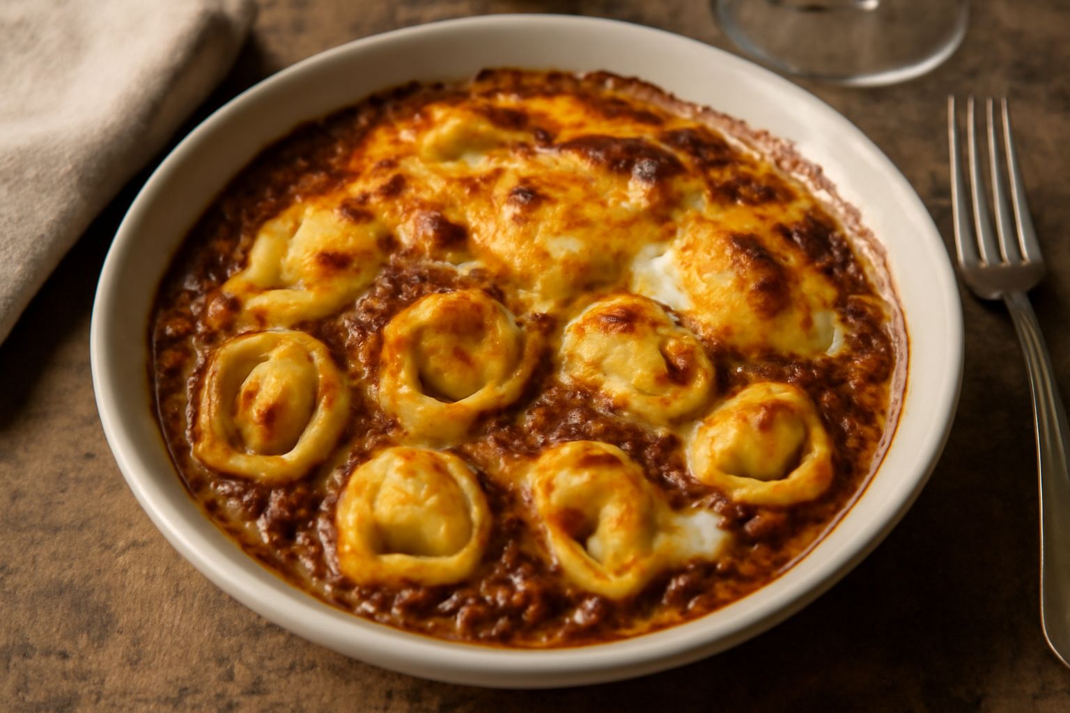 Casseruola di tortelloni in pirofila di ceramica bianca, con superficie dorata e croccante, formaggio filante sugli spigoli, torta della pasta rigonfia di ripieno visibile nei bordi, servita fumante.