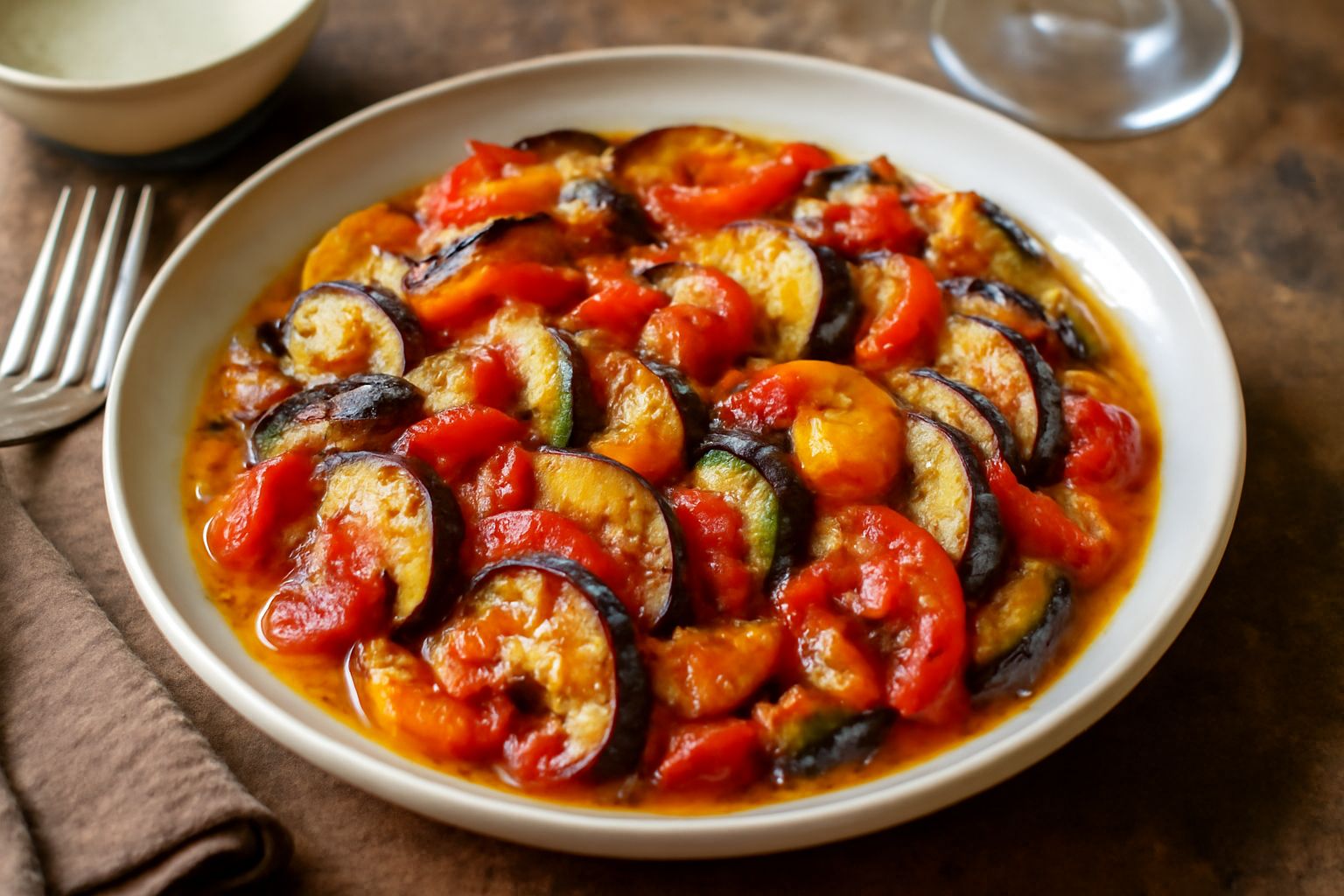 Casseruola di verdure con melanzane viola, zucchine verde, pomodori rossi, peperoni gialli e cipolla bianca, cotta in forno, con superficie leggermente dorata, servita in piatto bianco