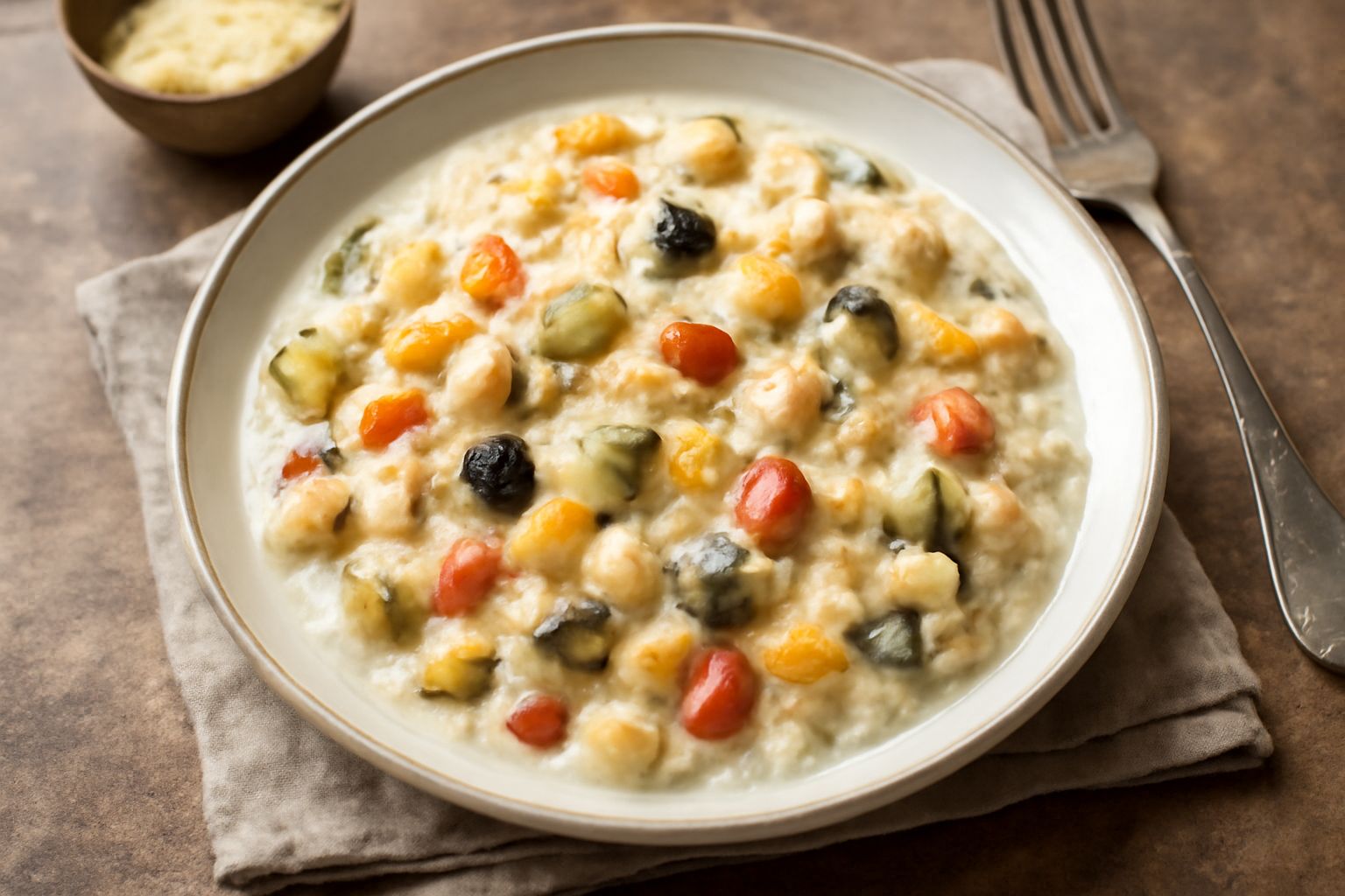 Casseruola Lombarda servita in piatto fondo bianco, verdure miste color verde e viola ben amalgamate in salsa cremosa, con pepe nero macinato fresco e fette di pane tostato a lato