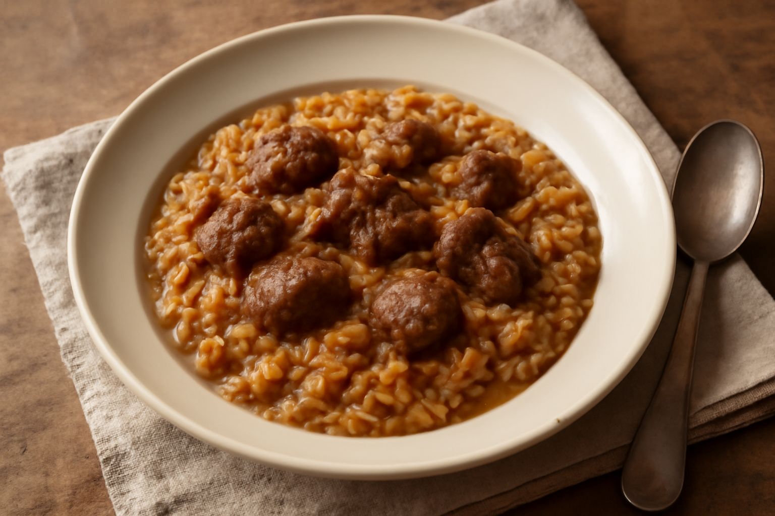 Casseruola mantovana in una pentola di coccio, riso bianco mescolato con ragù di carne macinata, carote e sedano visibili, colore marrone dorato della salsa, servita in un piatto fondo di porcellana b