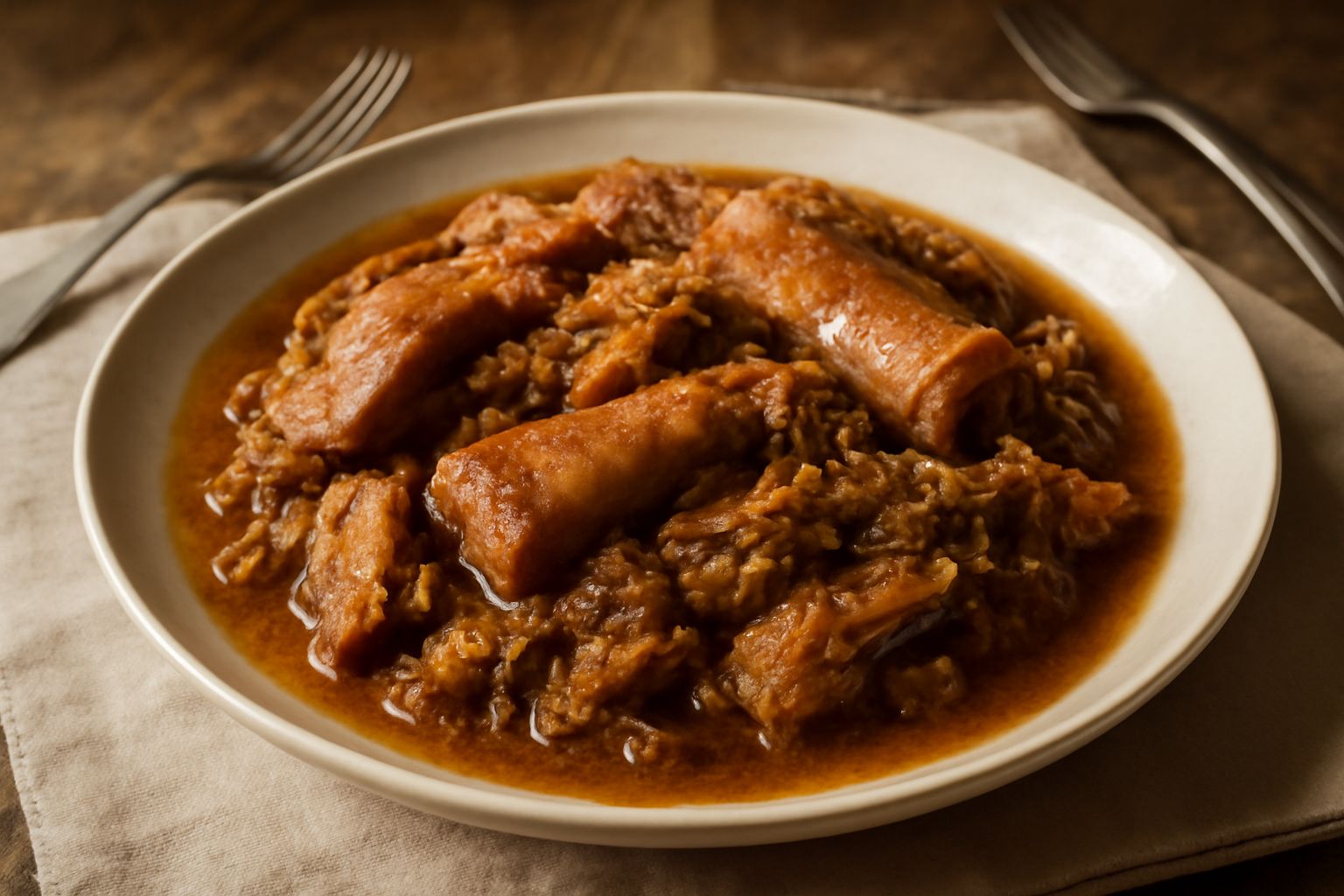 Cassoeula padovana servita in un piatto di ceramica bianca, umido scuro di maiale e verza, fumante, con pezzi di carne visibili e foglie di verza tenera, accompagnato da pane tostato nel piatto