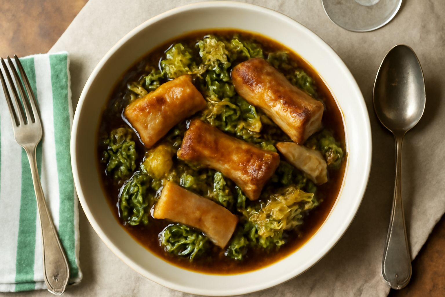 Cassoeula rimediata in piatto bianco: cavolo verde e verza tagliati a strisce, pezzi di carne di maiale (cotenna, costine) cotti in umido, colore marrone dorato, brodo visibile, pepe nero in superfici