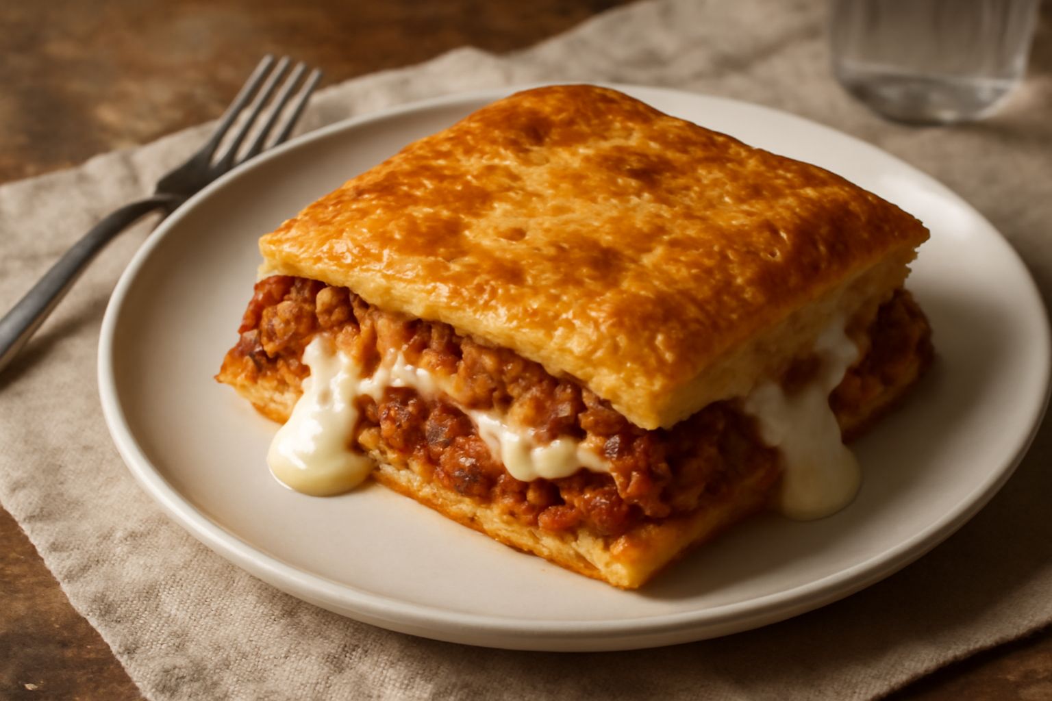 Cassone di ragù tagliato in quadrato: sezione che mostra strati di pasta dorata, ragù marrone scuro, formaggio filante bianco e salsa cremosa, con superficie gratinata croccante