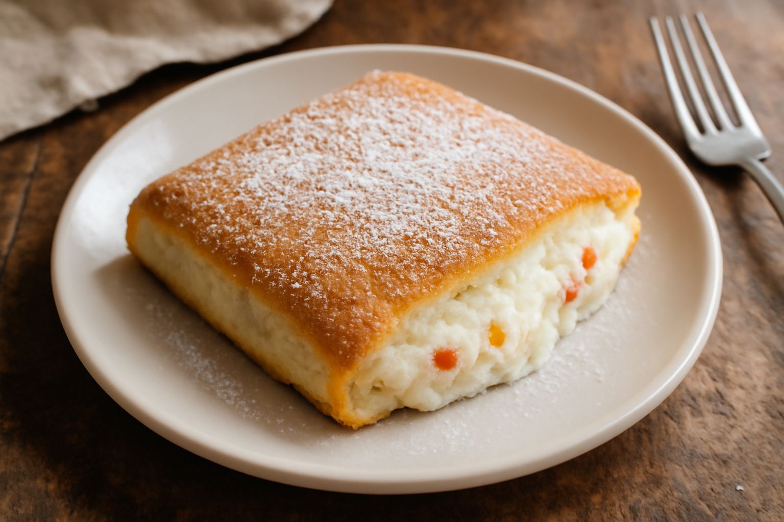 Cassone di ricotta appena sfornato, con crosta dorata e craqueline visibile sulla superficie, affettato per mostrare il ripieno cremoso bianco con pezzetti di canditi, poggiato su piatto bianco