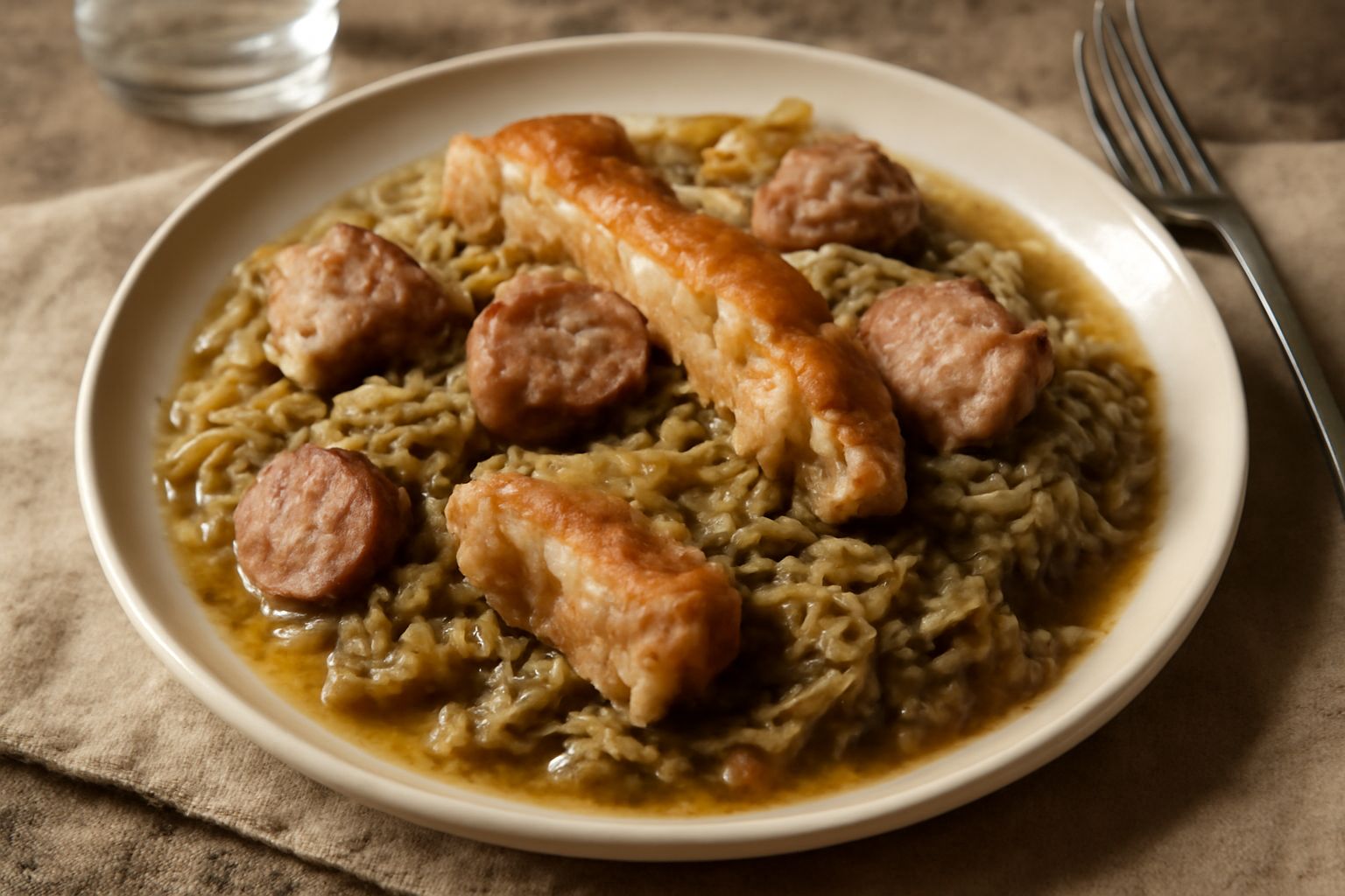 Piatto di cassulela con cavolo morbido grigio-verde, pezzi di maiale tenero, carota e cipolla in brodo, servito in ciotola di ceramica bianca con cucchiaio accanto
