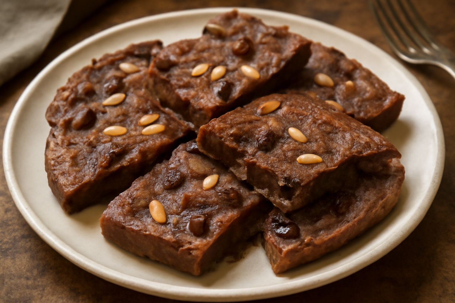 Castagnacci dorati su un piatto bianco, con superficie leggermente croccante e spaccature visibili, ricoperti di pinoli e uvetta morbida, tagliati a fette irregolari, accanto a una tazza di caffè scur