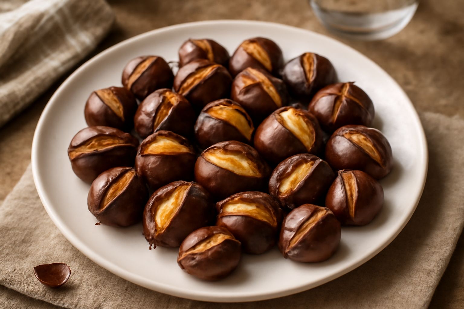 Castagne appena sfornate, leggermente abbrustolite, con la buccia scura, disposte su un piatto bianco con una tovaglia di lino grigia sullo sfondo