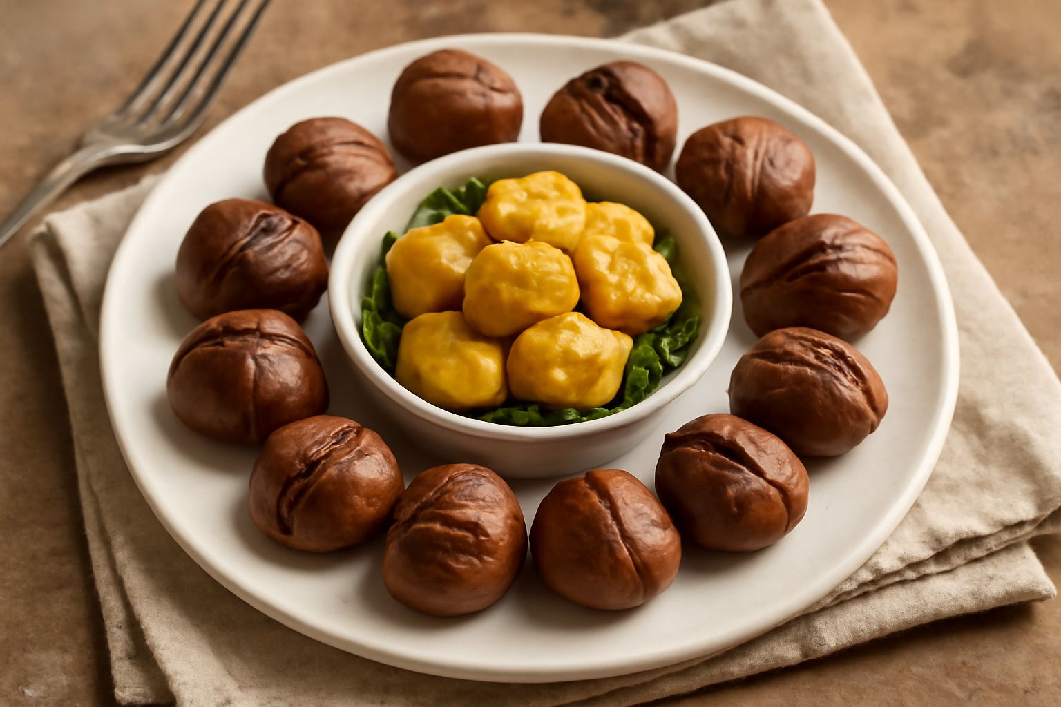 Castagne dorate e leggermente appassite disposte su un piatto bianco, alcune intere con la buccia, altre spezzate a mostrare la polpa beige chiaro all'interno
