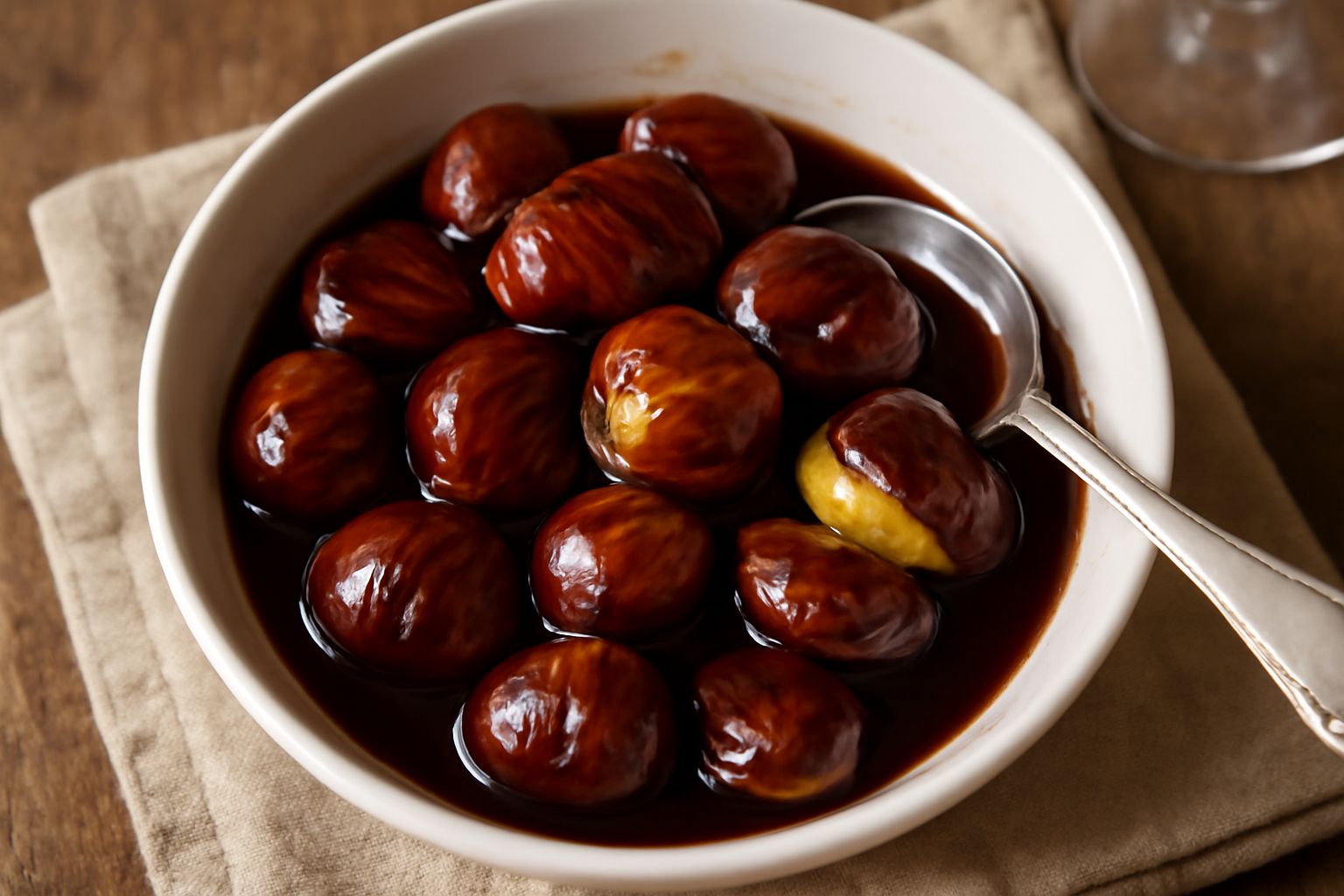 Castagne marroni lucide cosparse di mosto ridotto, disposte in una ciotola di ceramica bianca, con qualche foglia d'autunno sulla base e gocce di succo visibile sulla superficie lucida