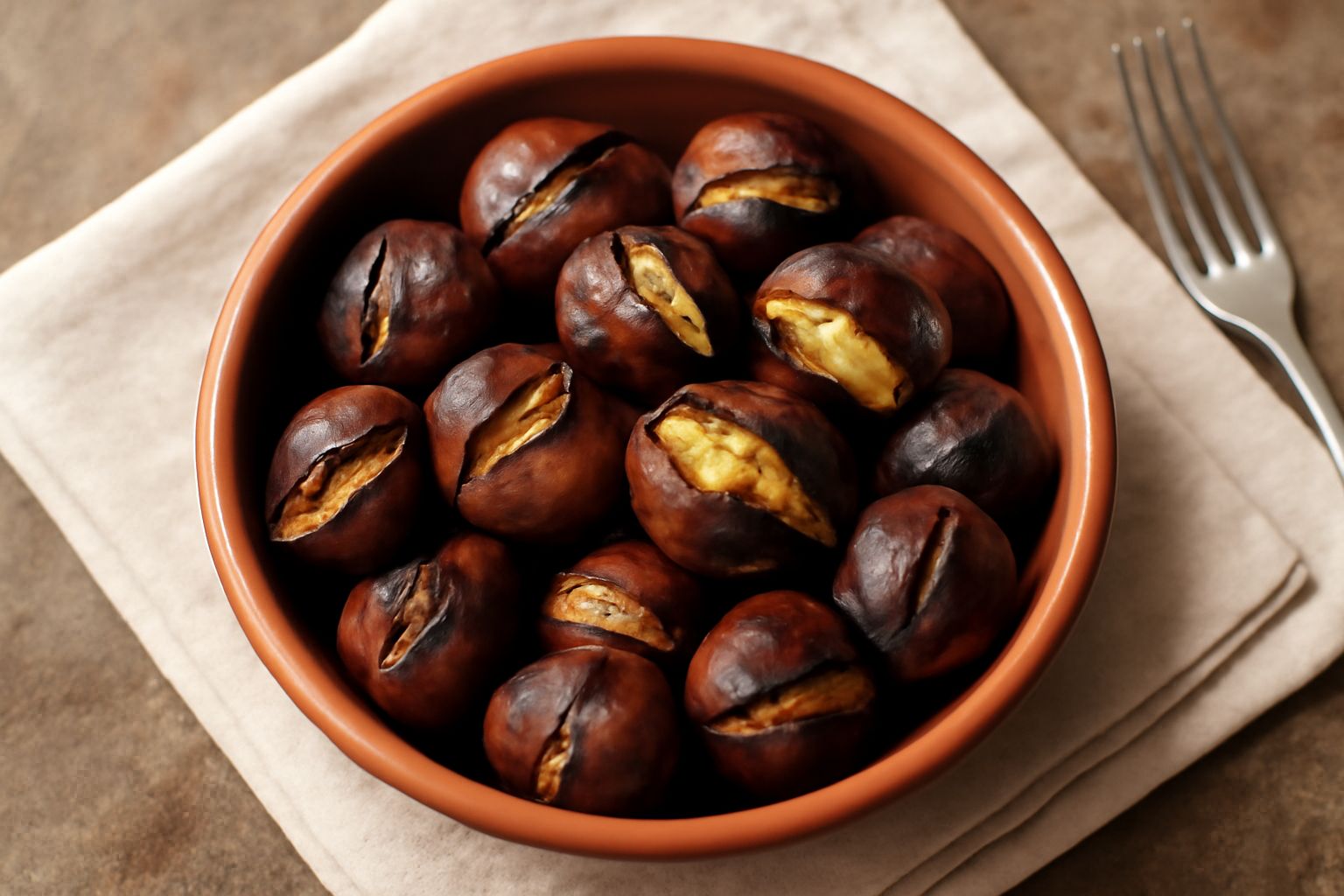 Castagne arrostite appena sfornate in una ciotola di ceramica bianca, con la buccia scura lucida e crepe sottili visibili sulla superficie, vapore ancora tiepido, contorno di foglie secche di castagna