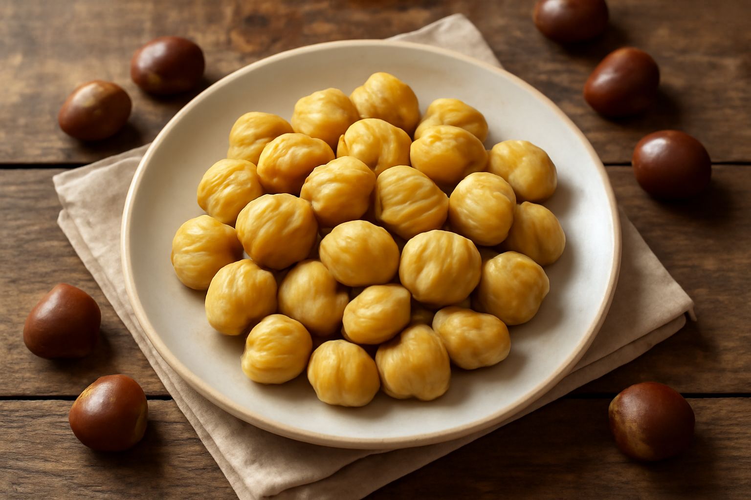 Castagne bollite intere e sbucciate in una ciotola bianca, con pelle marrone scuro ancora aderente a qualcuna, vapore ancora visibile