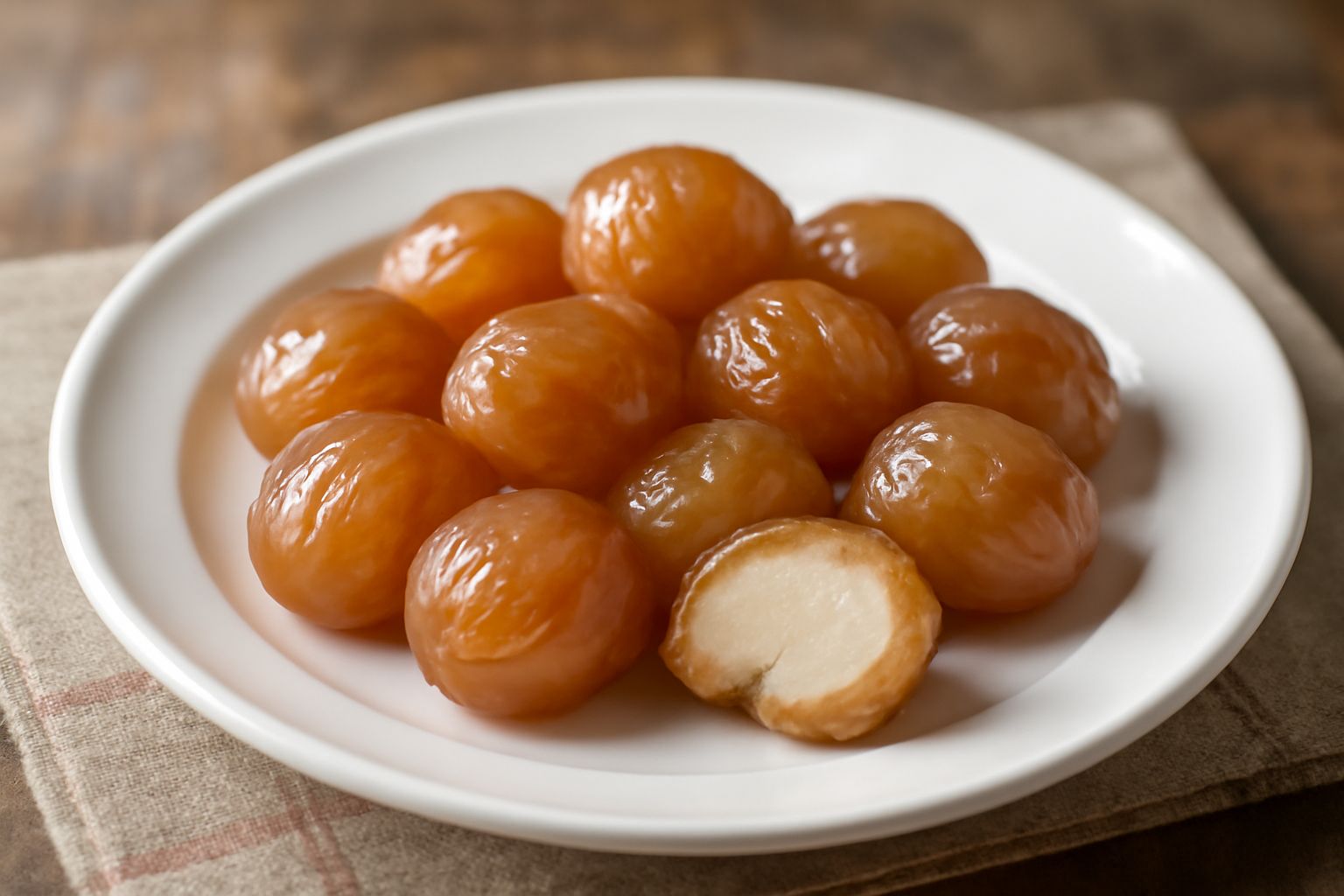 Castagne candite lucide e dorate in un piatto bianco, alcune intere con buccia marrone e glassa brillante, altre tagliate per mostrare l'interno biancastro e morbido, con qualche goccia di zucchero tr