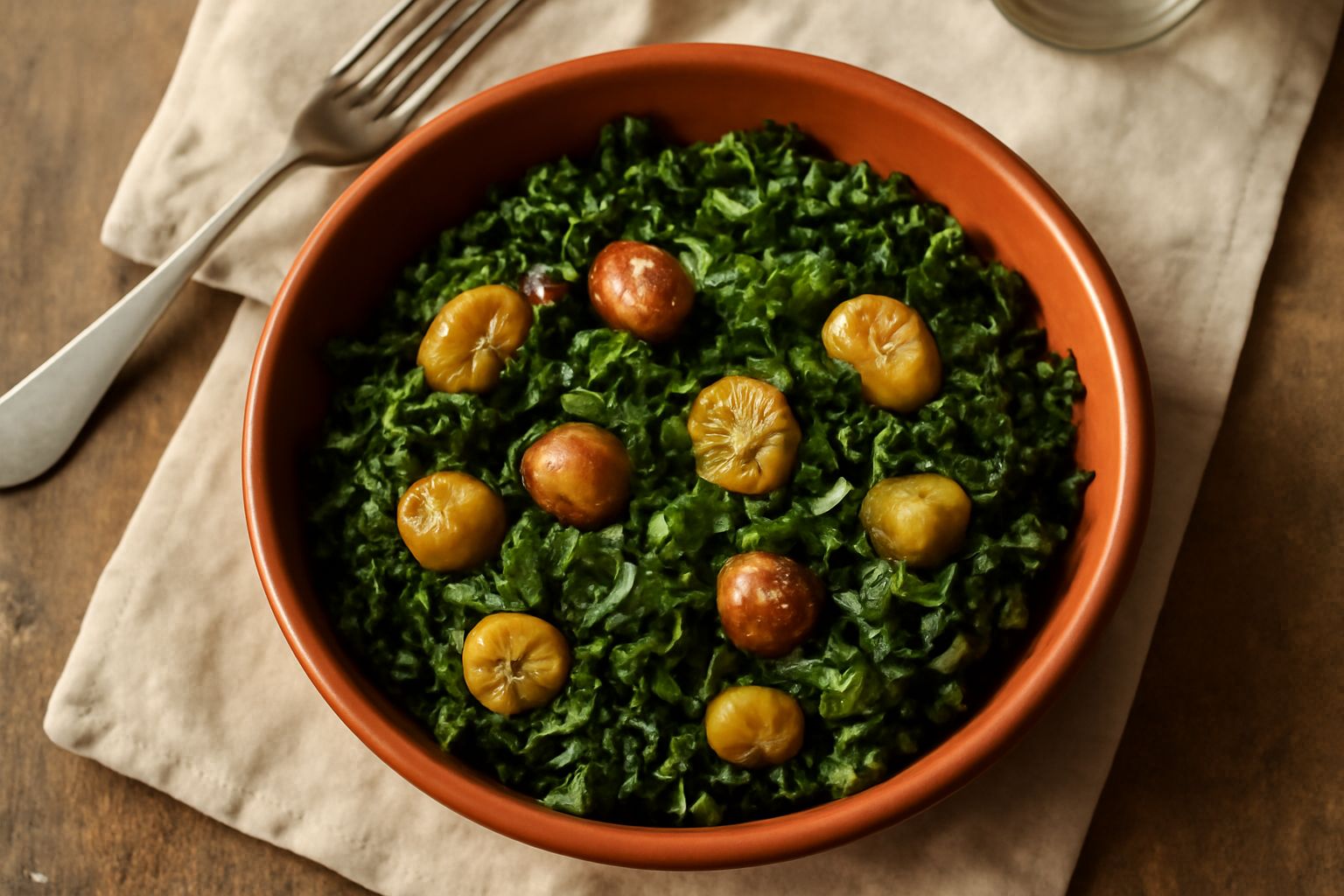 Cavolo riccio verde scuro riccio mescolato con castagne dorate e lucide, cipolla bianca trasparente, il tutto in una padella di ghisa su fuoco medio con un cucchiaio di legno