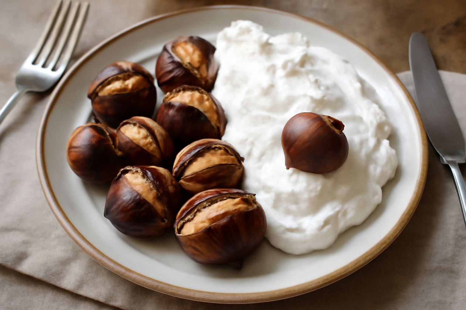 Castagne arrostite color marrone scuro in un piatto bianco, coperte di panna montata bianco crema, decorate con una castagna intera al centro, contorno di crema spalmata ai bordi