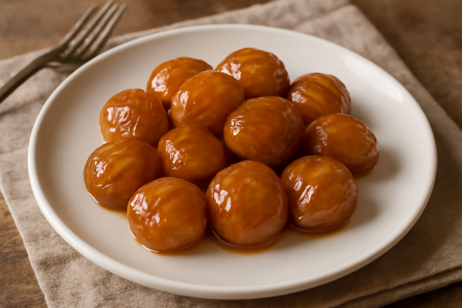 Castagne glassate dorate e lucide su uno sfondo scuro con cristalli di zucchero visibili, una mezza castagna aperta accanto mostra l'interno bianco e sodo